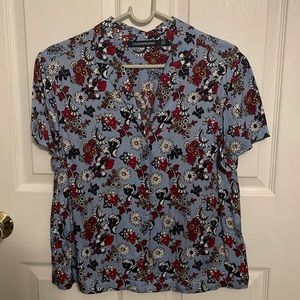 Calvin Kline Light Blue Button Down Blouse with Red and White Flowers